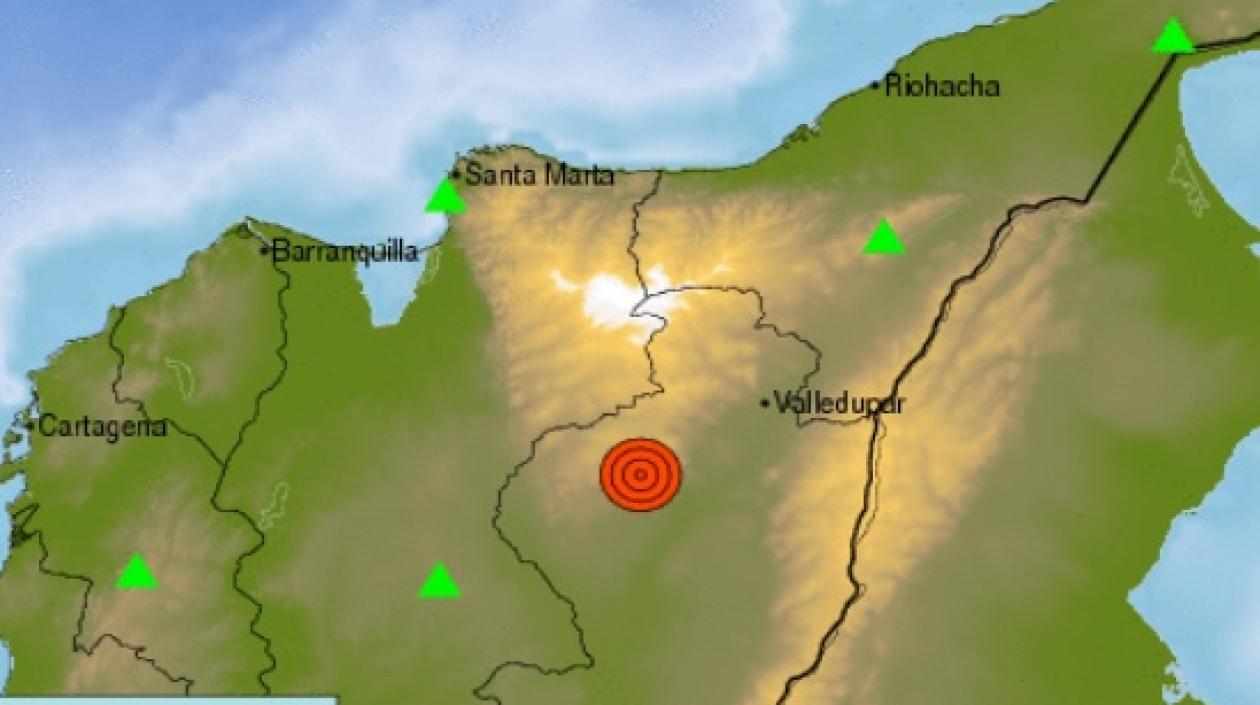 El punto rojo muestra el epicentro del sismo ocurrido esta madrugada en el Cesar.