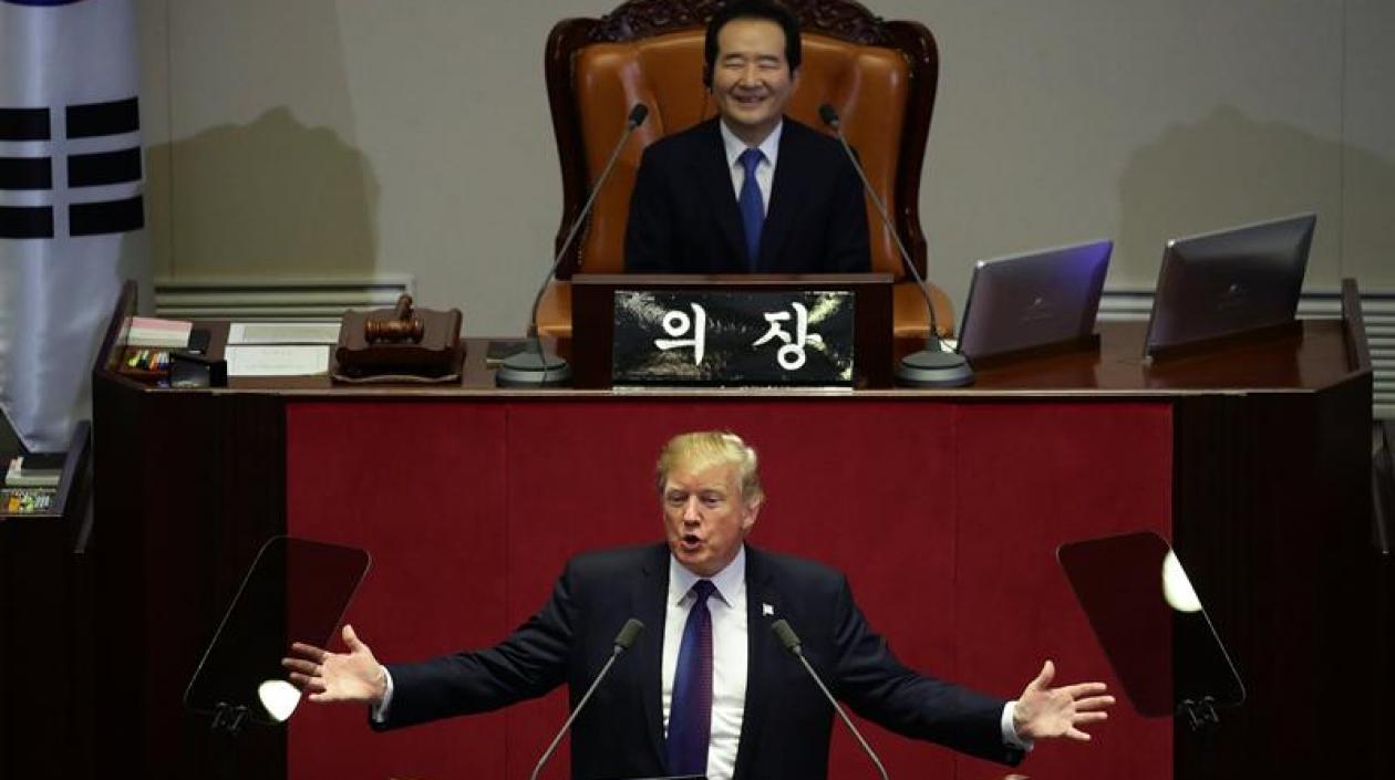 Donald Trump en su intervención ante el parlamento surcoreano.