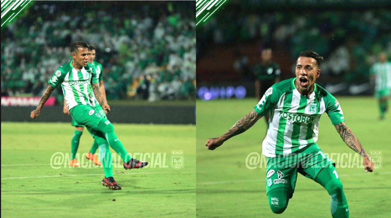 Dayro Moreno remata para vencer a Camilo Vargas y anotar el primer gol del partido.
