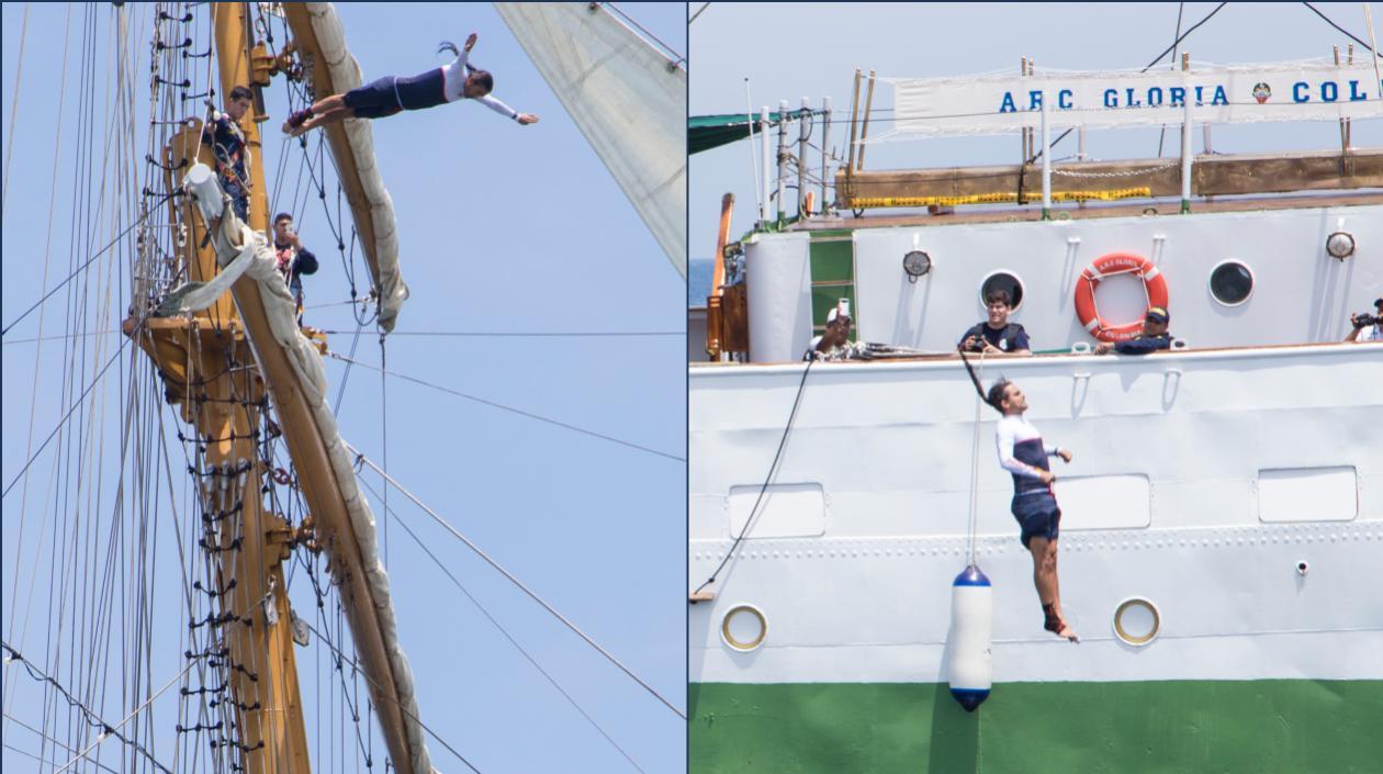 Momentos en que Orlando Duque salta desde el mástil más alto del buque Gloria.