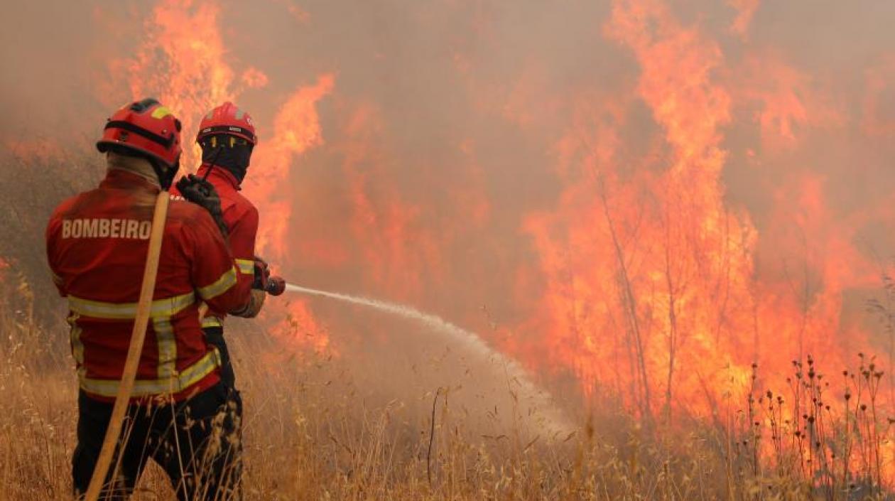 Bomberos tratan de extinguir las llamas del incendio declarado en el área de Monchique en el Algarve portugués .