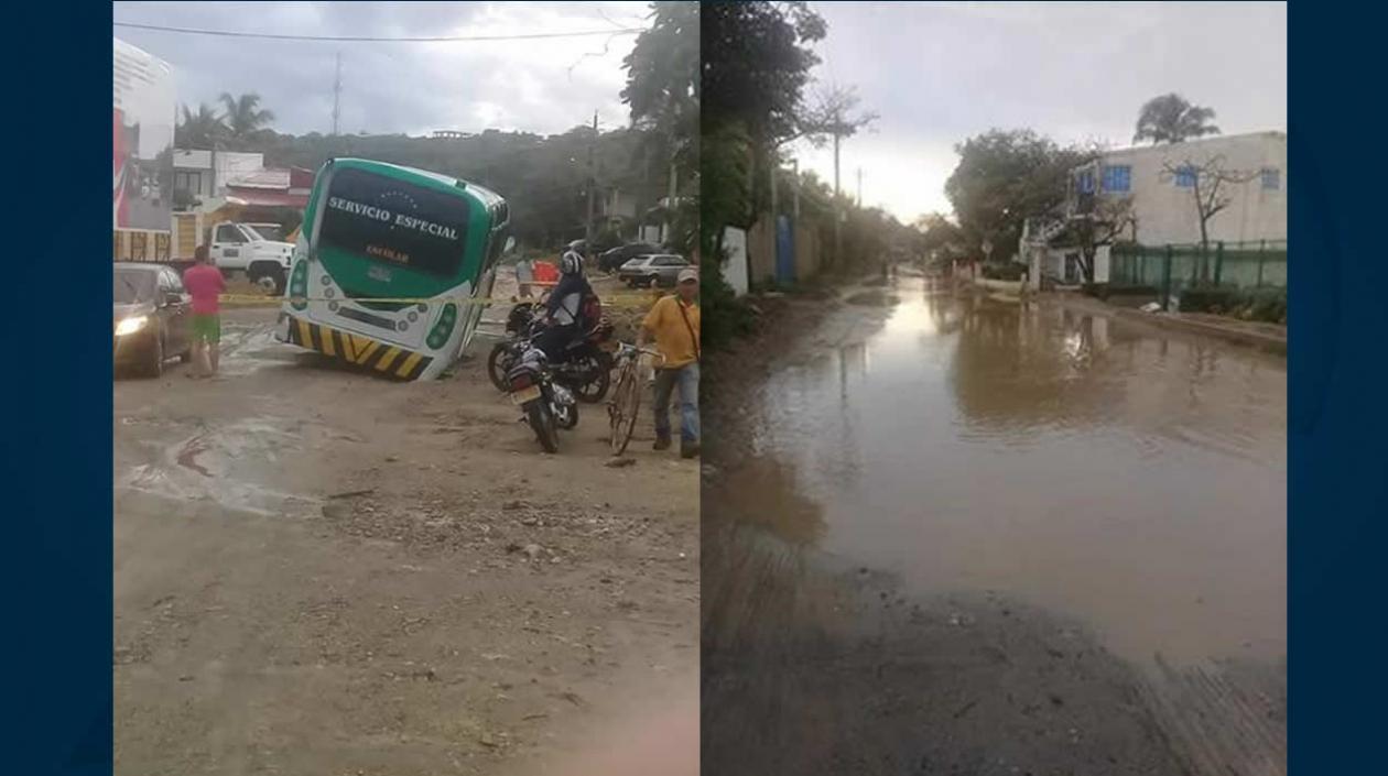 Un bus escolar a punto de volcarse y las calles inundadas.
