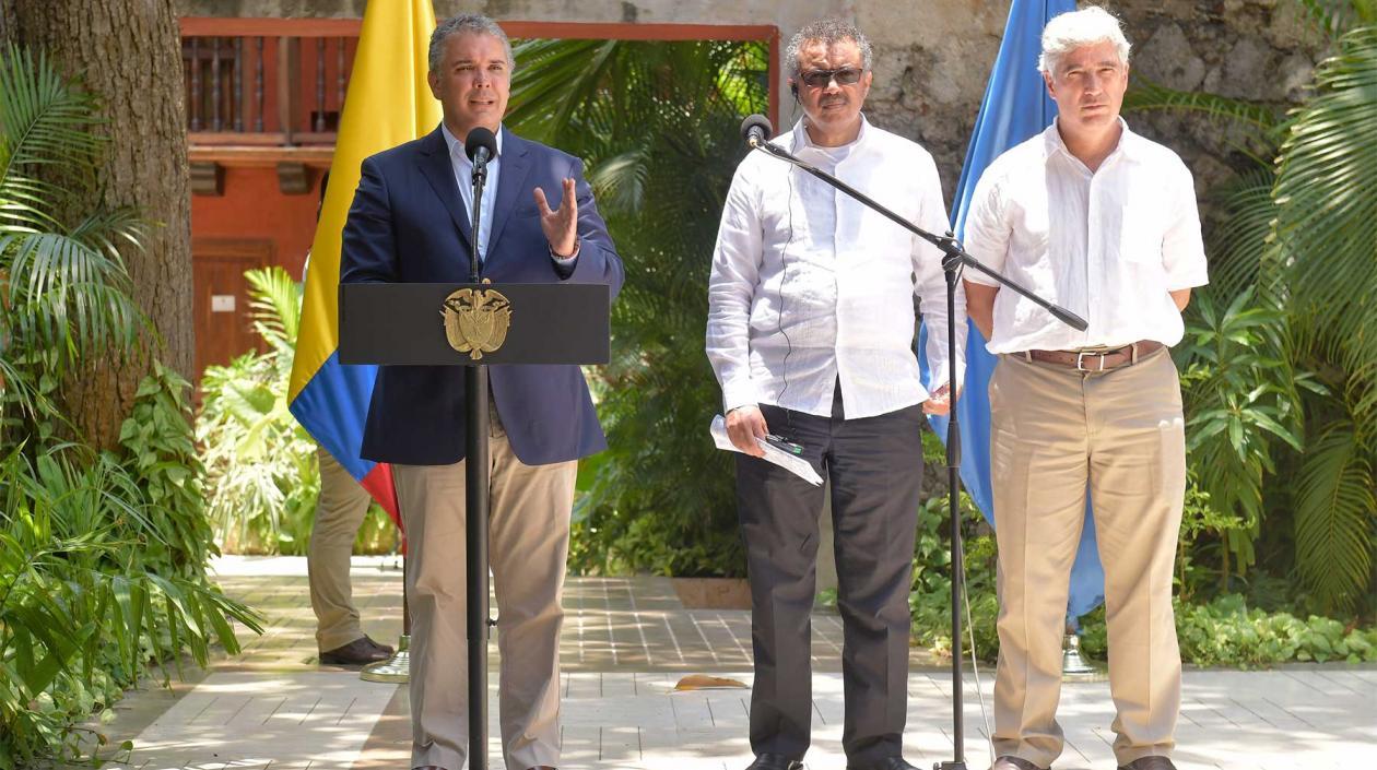 Iván Duque, Tedros Adhanom Ghebreyesus y Juan Pablo Uribe.