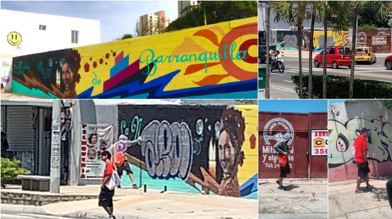 Imagen del antes y después del mural La Novia de Barranquilla en el par vial de la 50.