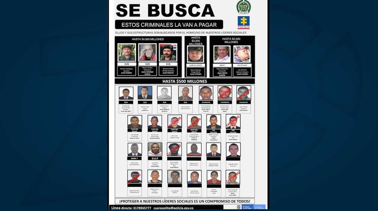Cartel de capturados y de los más buscados por homicidios de líderes sociales.