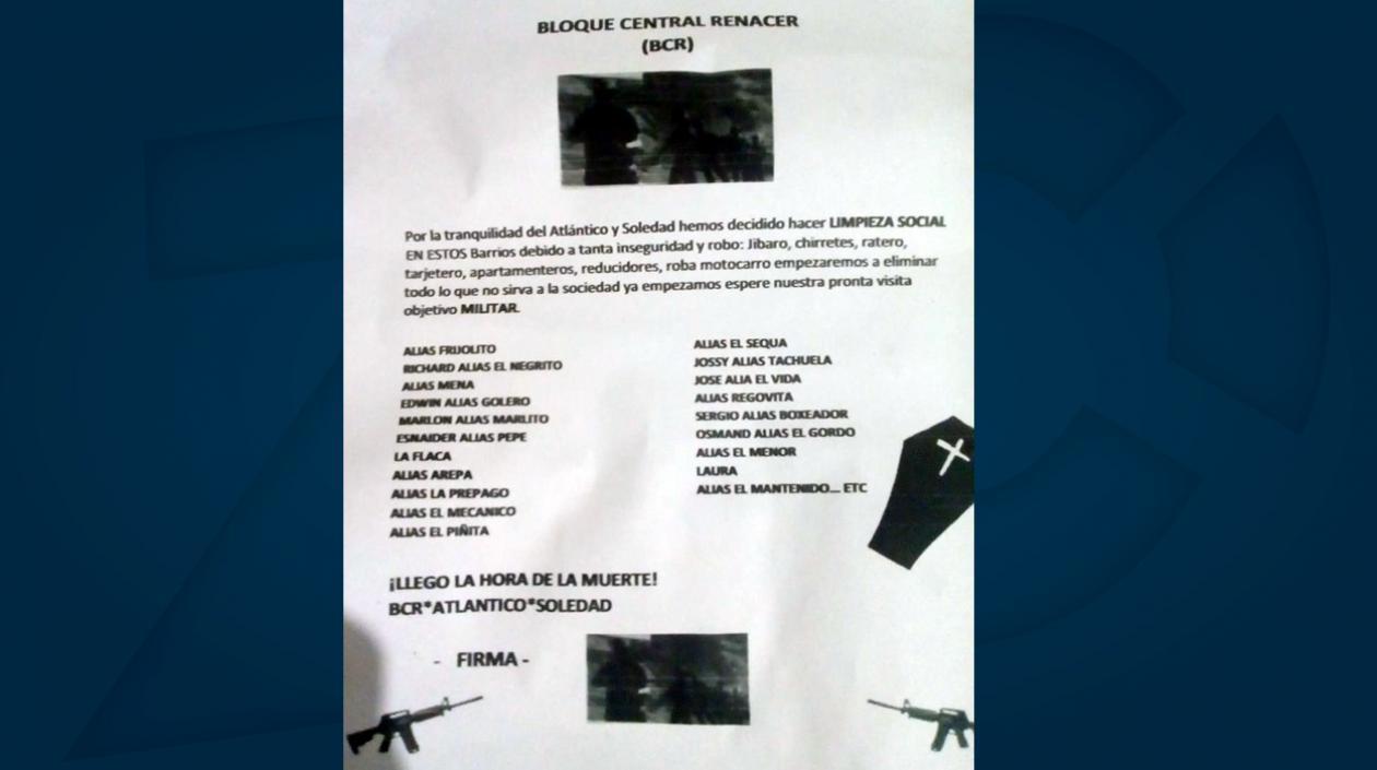 Panfleto amenazante circulado en barrios de Soledad.