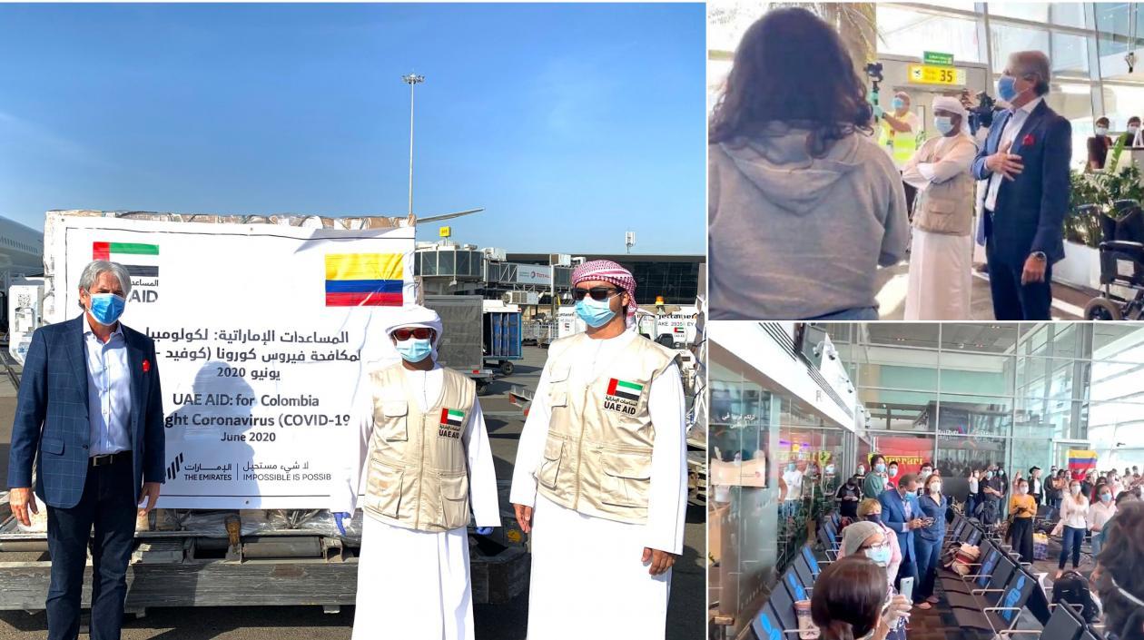 El Embajador de Colombia en EAU recibió una donación y despidió a los colombianos que retornan al país.