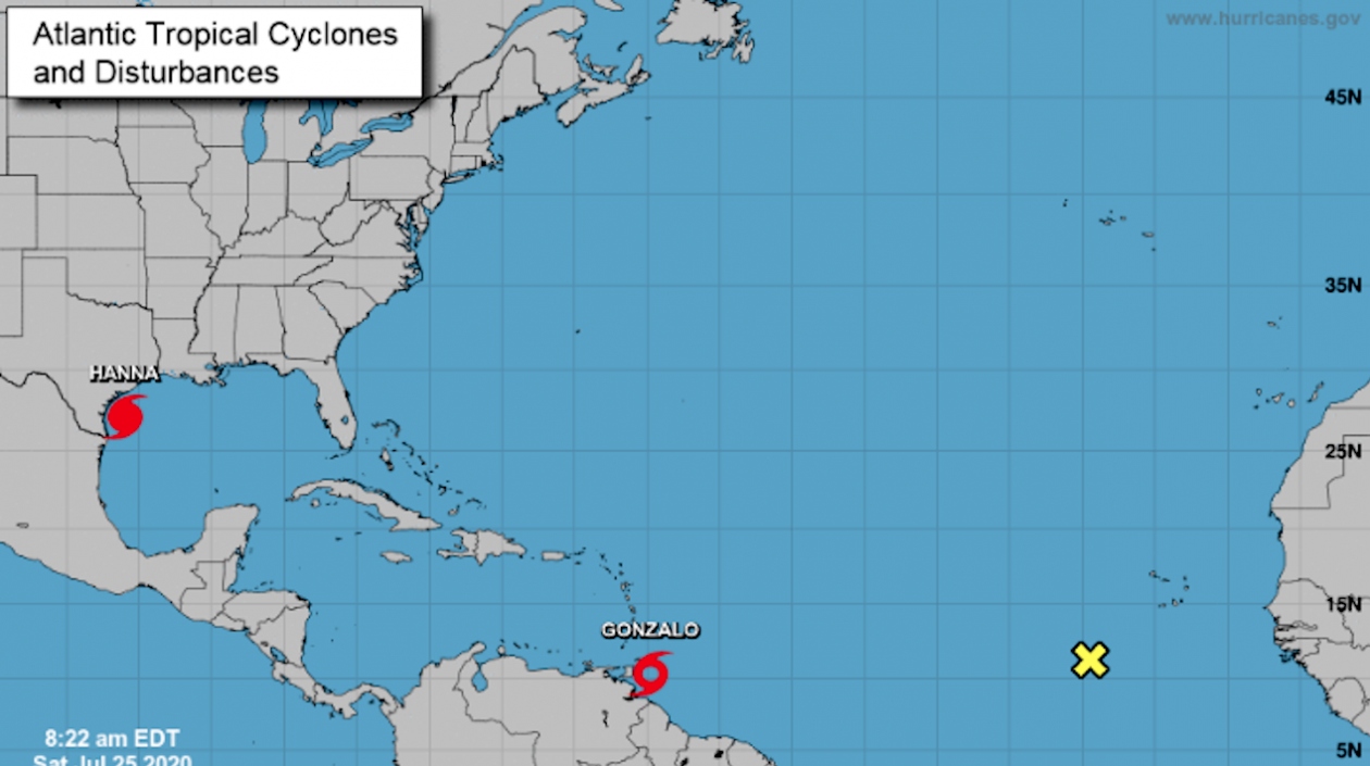 Localización de las tormentas tropicales Hanna en el golfo de México y Gonzalo en el Atlántico.