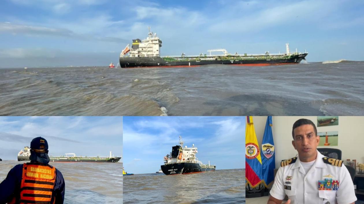 Ambar Bay es el buque varado por el tajamar oriental. A la derecha el Capitán del Puerto de Barranquilla.