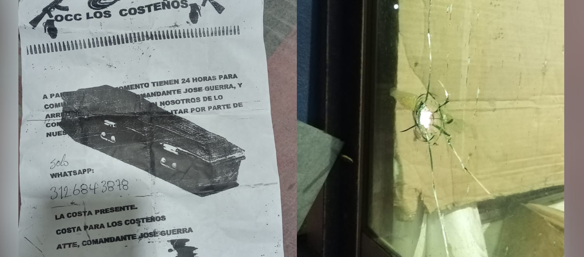 Panfleto de 'Los Costeños' y impactos de bala en el vidrio.