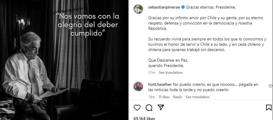 La foto y el mensaje compartidos en la cuenta de Instagram de Piñera