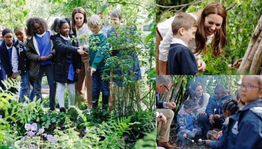 La duquesa de Cambridge con los niños en el jardín.