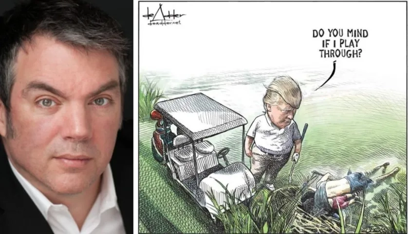 El caricaturista canadiense Michael de Adder y el dibujo de Donald Trump.
