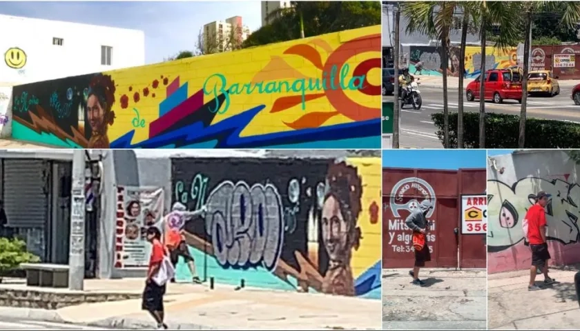 Imagen del antes y después del mural La Novia de Barranquilla en el par vial de la 50.