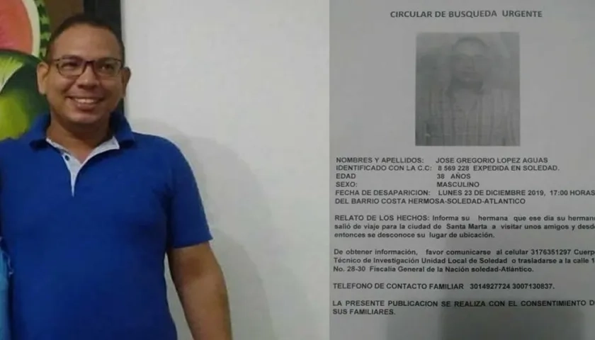 José Gregorio López Aguas y copia de la denuncia de su desaparición.