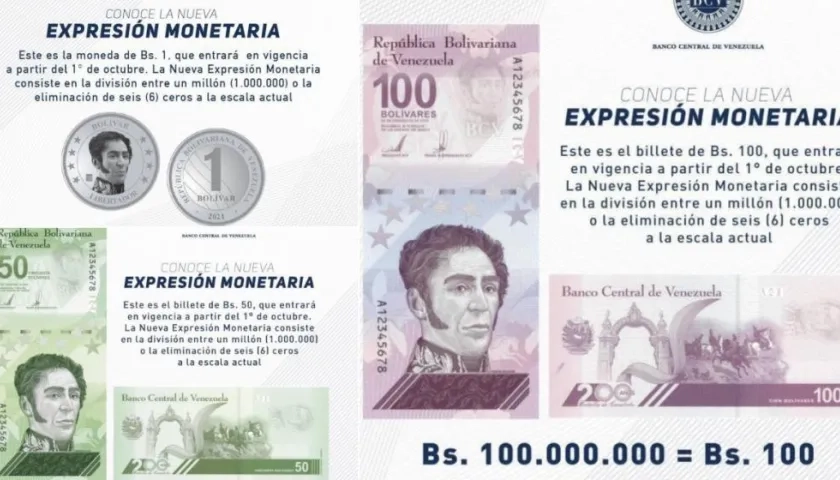 Venezuela  tendrá una moneda de un bolívar y billetes de 5, 10, 20, 50 y 100 bolívares.