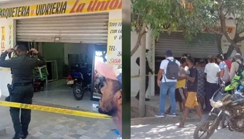 La Policía del Magdalena y curiosos frente al local comercial en donde hallaron los tres cuerpos