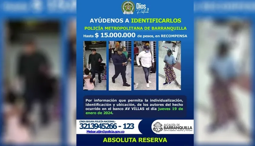Presuntos asaltantes del banco AV Villas buscados por la Policía.