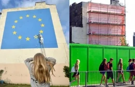 Antes y después del mural de Banksy sobre el Brexit.