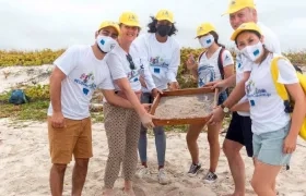 Representantes de la iniciativa de la UE de limpieza de microplásticos usaron grandes tamizadores para cernir la arena en cuadrantes delimitados en la playa.