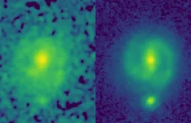 Imágenes de la galaxia EGS23205. A la izquierda la tomada por el telescopio Hubble y a la derecha la del James Webb.
