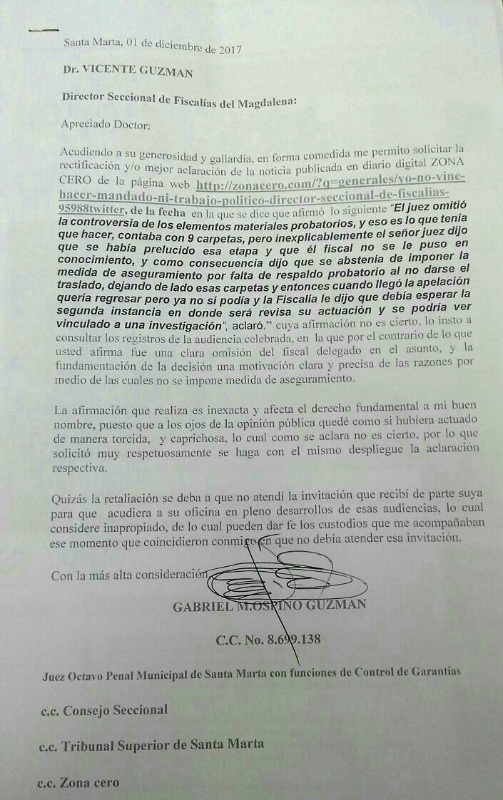 Carta enviada por el Juez al Fiscal del Magdalena, tras la publicación en Zona Cero.