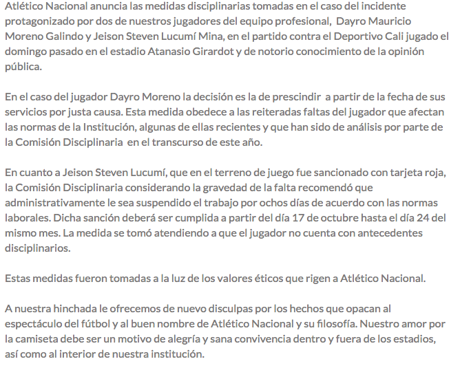 Comunicado oficial sobre Dayro Moreno. 