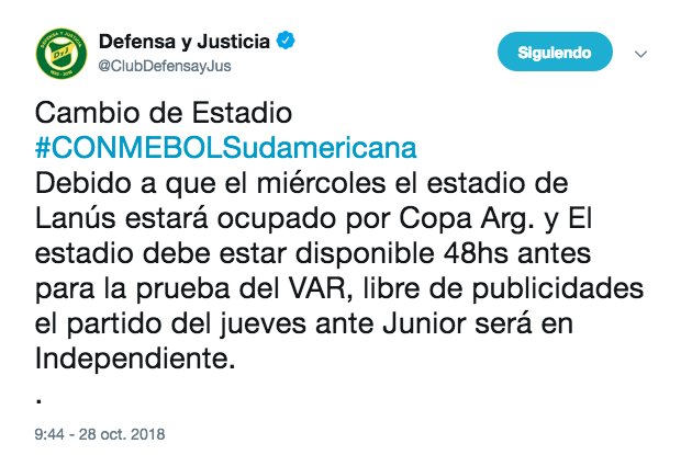 El tweet de la explicación de Defensa y Justicia.