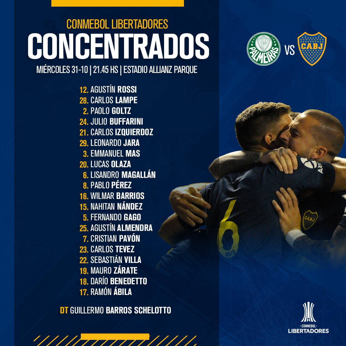 Los convocados de Boca Juniors para el partido con Palmeiras.