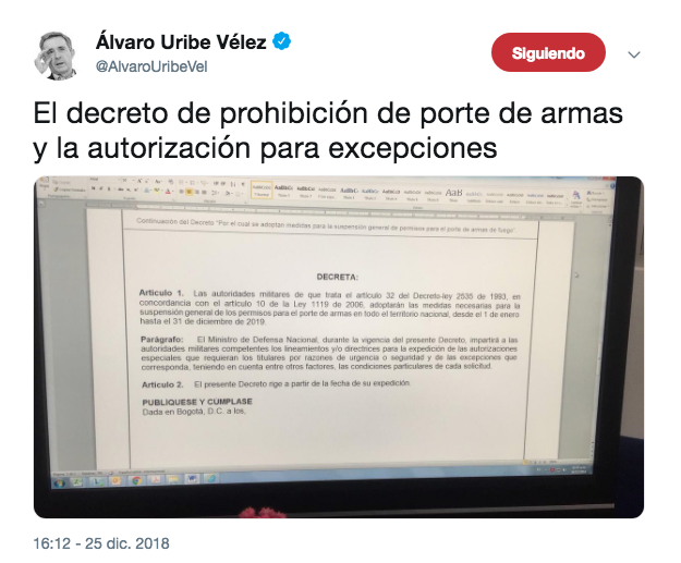 El Senador Álvaro Uribe anunció el decreto en la tarde de este martes.