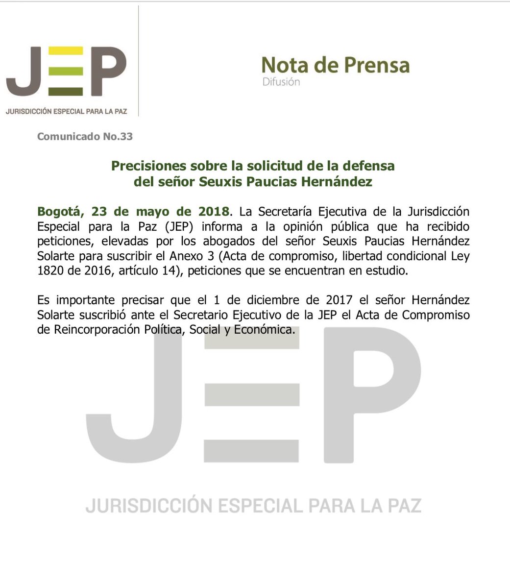 Comunicado de la JEP sobre libertad condicional de 'Jesús Santrich'.