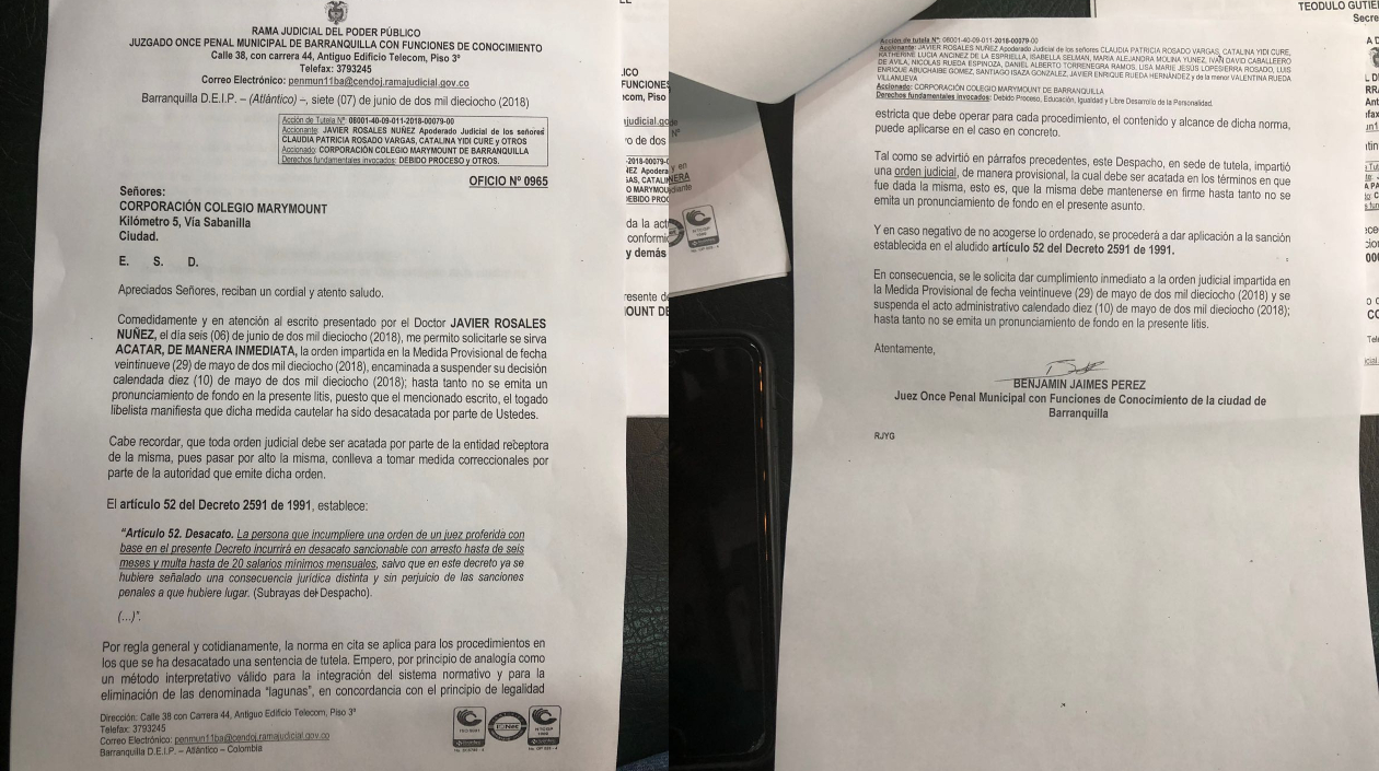 Comunicado del Juzgado Once Penal Municipal de Barranquilla en el que le pide al colegio acatar la medida provisional.