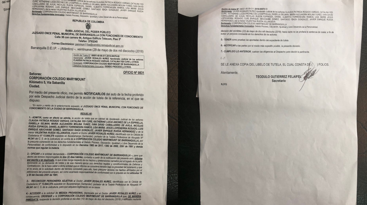 Comunicado del Juzgado Once Penal Municipal de Barranquilla en el ordena la medida provisional al colegio.