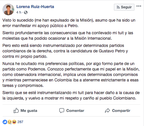 Esta es la publicación de Lorena Ruiz Huerta en su muro de Facebook.