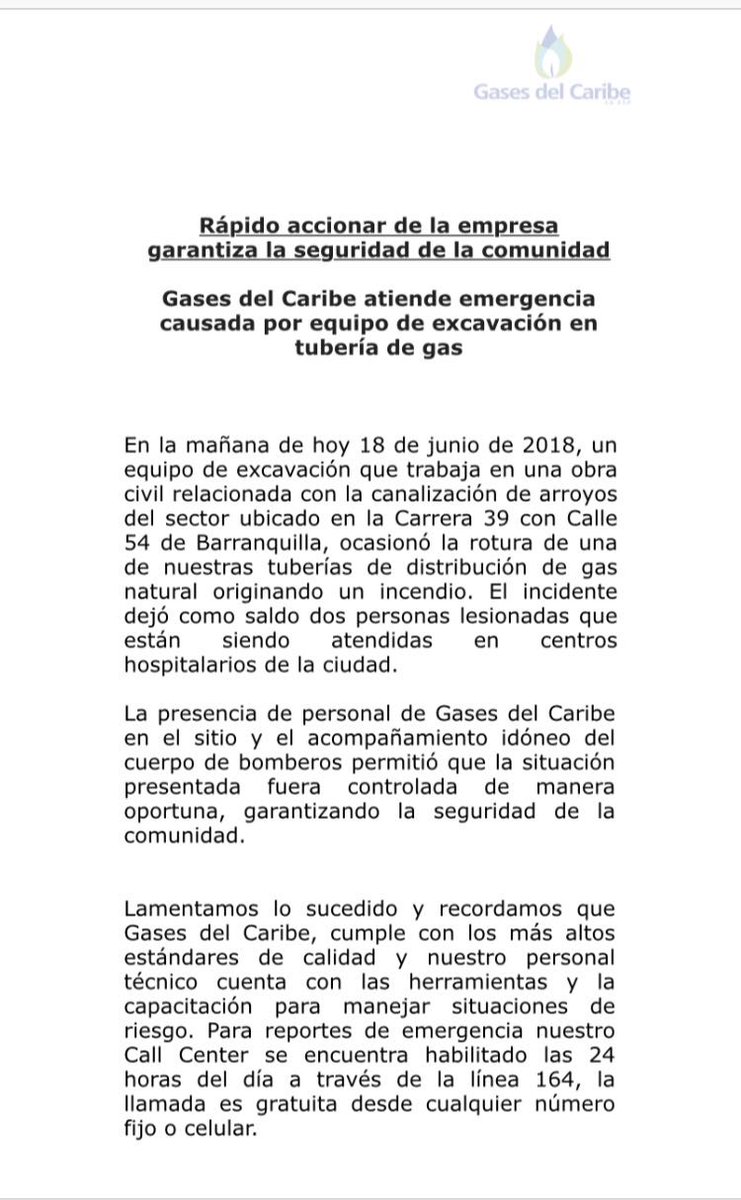 Comunicado de Gases del Caribe sobre la emergencia.
