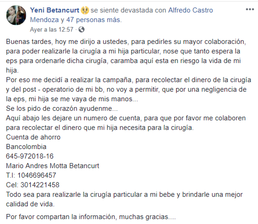 El mensaje con el que Yeni Betancurt busca recaudar fondos a través de Facebook.