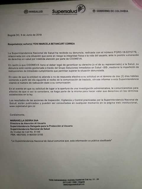 Comunicado de la Supersalud exigiendo a Coomeva celeridad con el caso de Sophia Regino Betancurt.