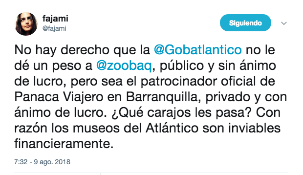 El tweet de Farah Ajami en contra de la Gobernación del Atlántico.