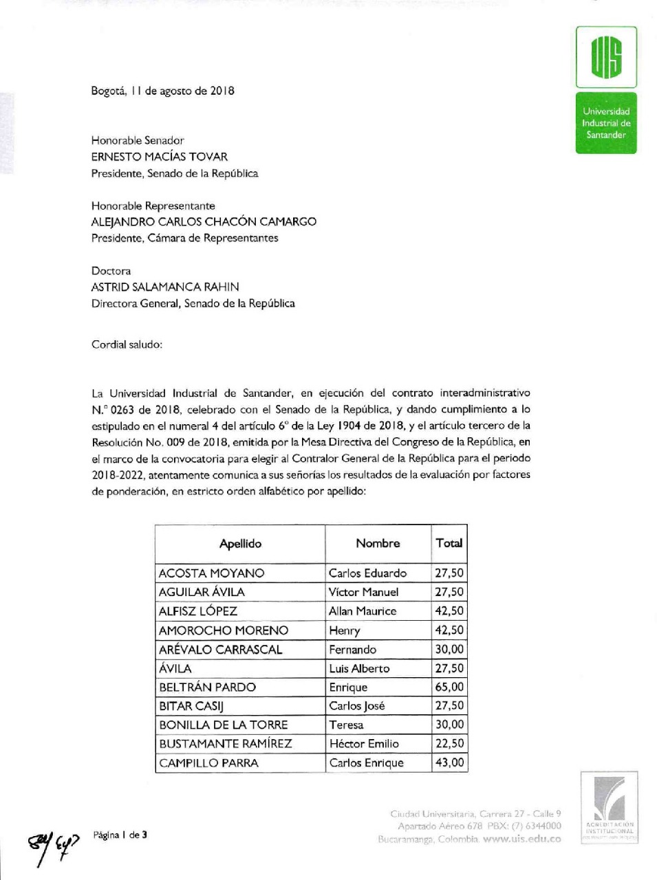 Evaluación de la Universidad Industrial de Santander a los aspirantes. 