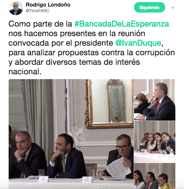 El tweet de Rodrigo Londoño, alias 'Timochenko', tras la reunión en la Casa de Nariño. 