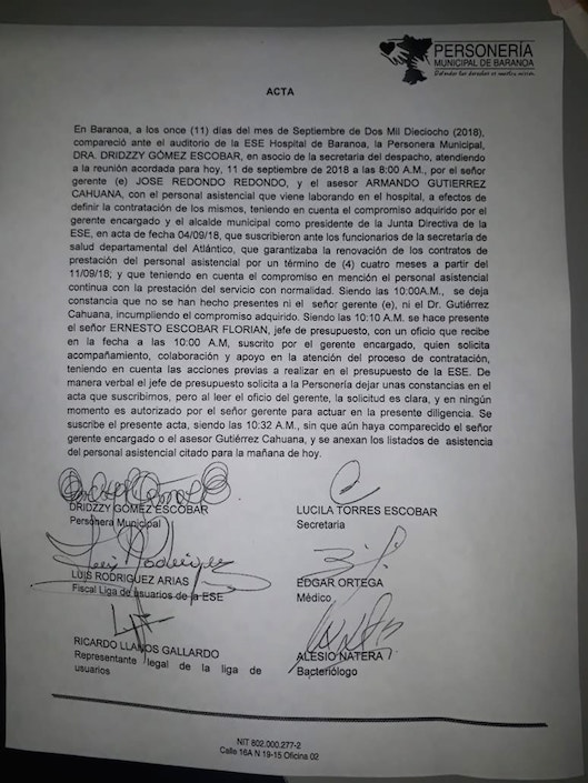 El acta en la que se deja constancia de la ausencia del Gerente (e) José Redondo Redondo y del asesor Armando Gutiérrez Cahuana.