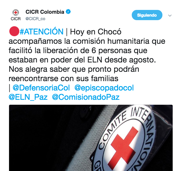 Con este tweet, la Cruz Roja Colombiana confirmó la liberación de los seis secuestrados. 