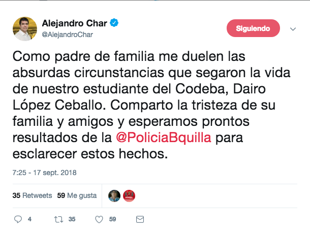 Este es el tuit del Alcalde de Barranquilla sobre el homicidio del estudiante de Codeba.