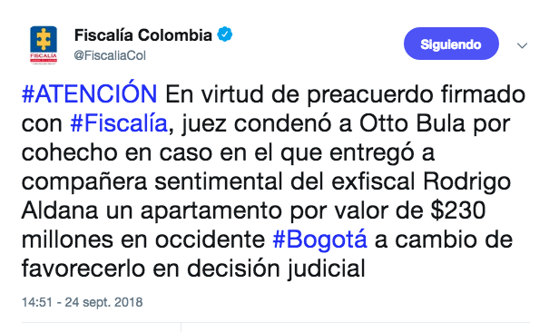 El tweet de la Fiscalía que confirma la condena a Otto Bula. 