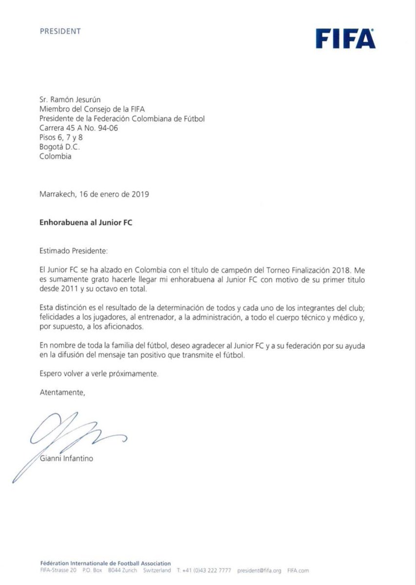 Carta de la FIFA a Junior. 