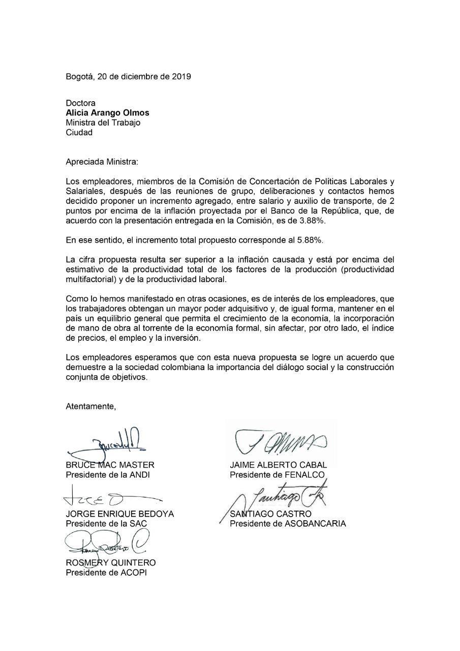 La carta de los empresarios a la Ministra de Trabajo, Alicia Arango.