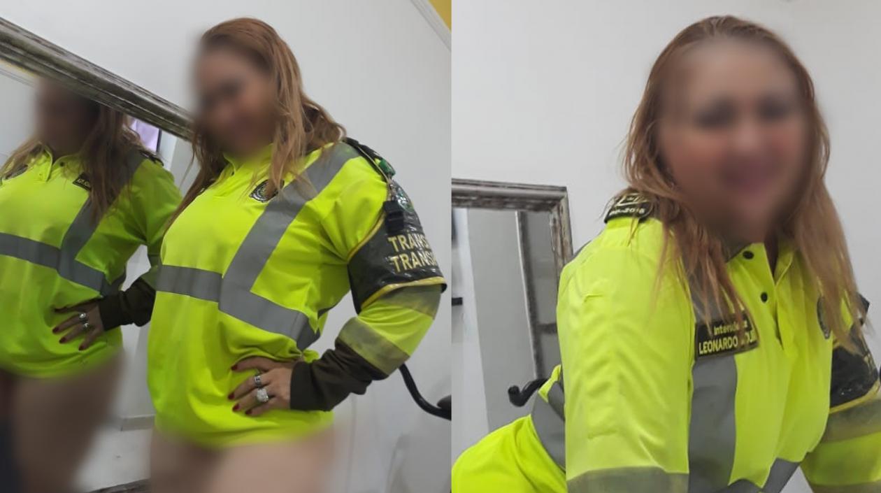 Dos de las imágenes de la mujer con el chaleco del policía de la Mebar.
