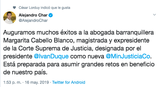 Tuit del Alcalde Char sobre la designación de Margarita Cabello como Ministra de Justicia.