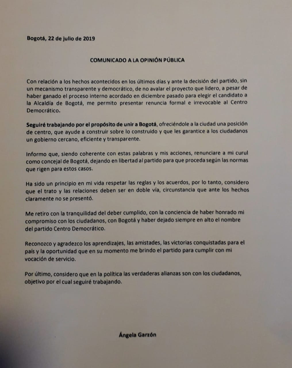 Carta de Ángela Garzón.