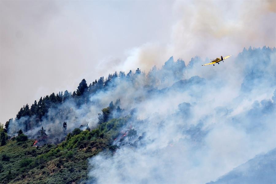 Vista del incendio forestal que comenzó el sábado en la isla española de Gran Canaria y que ha obligado a evacuar de sus viviendas a 2.000 habitantes de seis poblaciones afectadas y podría haber quemado ya unas mil hectáreas.